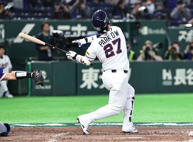 8일 일본 도쿄돔에서 열린 2026 WBC 조별리그 C조 3차전 대한민국과 대만의 경기. 3회말 무사 한국 박동원이 삼진아웃 당하고 있다. 사진 | 연합뉴스