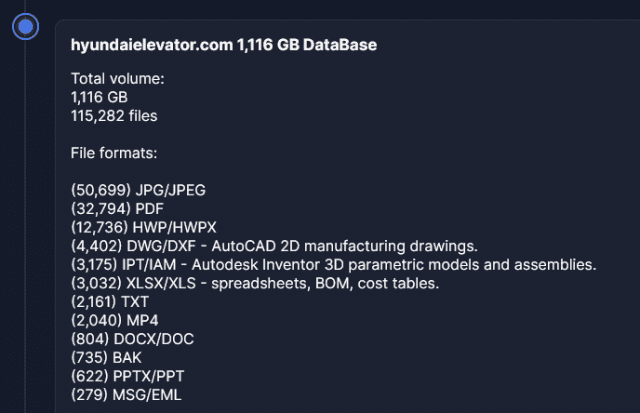 랜섬웨어 그룹 '에베레스트'가 자신들의 다크웹 사이트에 현대엘리베이터 내부 데이터를 탈취했다며 업로드한 게시글.(사진=다크웹 캡처)