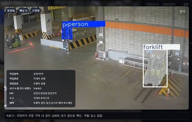 LG디스플레이가 개발하고 있는 VLM(영상시각언어) 기반 CCTV. 화면을 분석해 '지게차가 지정 구역 내 정차 상태로 대기 중' 등 텍스트를 내놓는다. /LG디스플레이