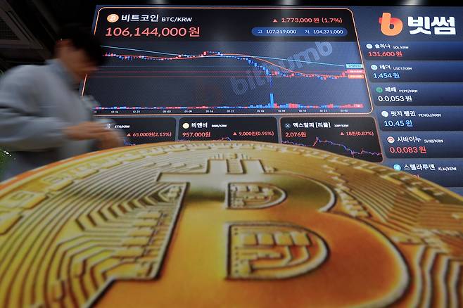 지난 5일 서울시 강남구 빗썸라운지 강남점 전광판에 비트코인 시세가 표시돼 있다./뉴스1