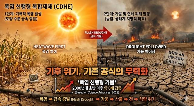 폭염 선행형 복합재해가 2000년대 초반 이후 8배 증가하고 있다는 내용을 제미나이가 그린 일러스트.