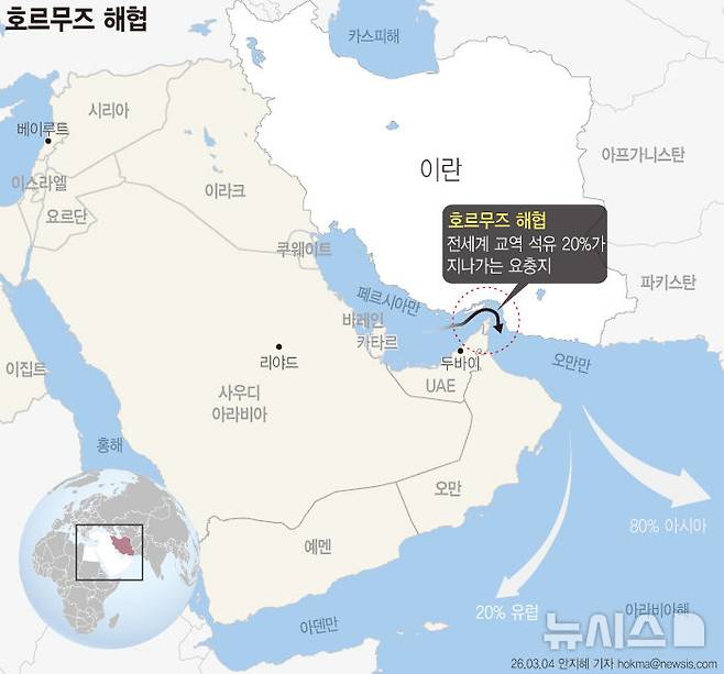 [서울=뉴시스] 세계 석유 공급량의 20% 가량이 지나는 호르무즈 해협 (그래픽=안지혜 기자)  hokma@newsis.com