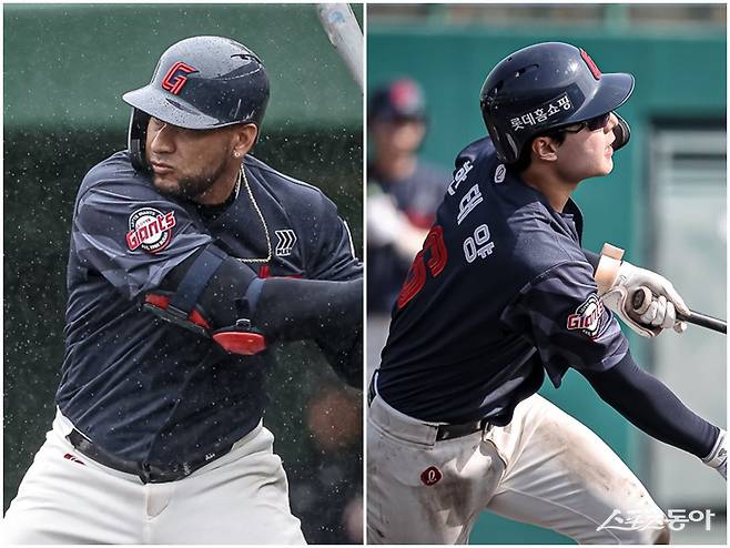 롯데 빅터 레이예스(왼쪽)와 한태양이 올 시즌 리드오프로 활약할 전망이다. 김태형 롯데 감독은 둘의 침착함을 높이 평가하고 있다. 사진제공｜롯데 자이언츠