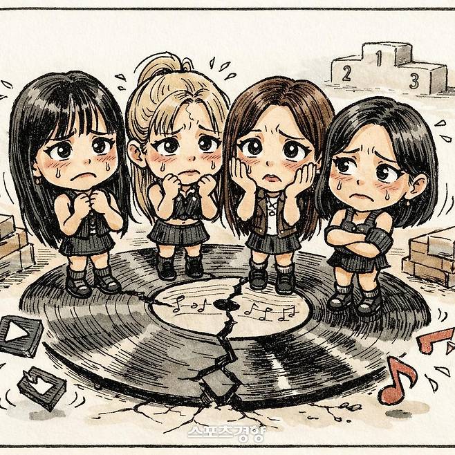 지난달 복귀했으나 음원성적과 글로벌 차트에서 성적이 엇갈린 그룹 블랙핑크. 경향신문 AI 이미지