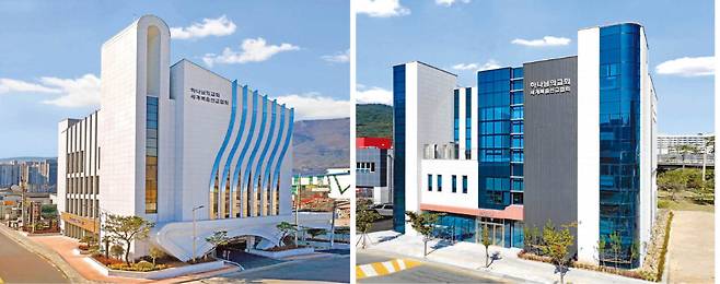 양산웅상 하나님의 교회&nbsp;(왼쪽). 김해율하 하나님의 교회.