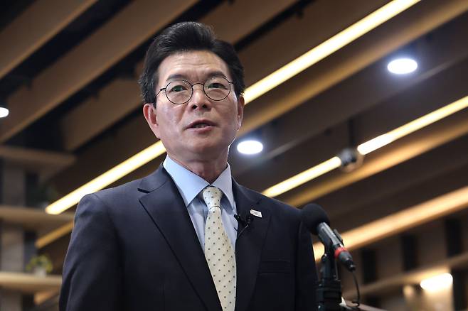 정원오 전 성동구청장이 지난 4일 오후 서울 성동구청에서 퇴임사를 하고 있다./뉴스1