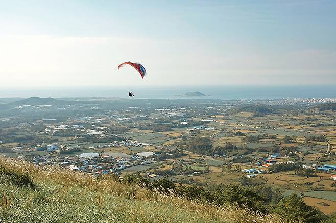 오름에서 패러글라이딩을 즐기는 여행객