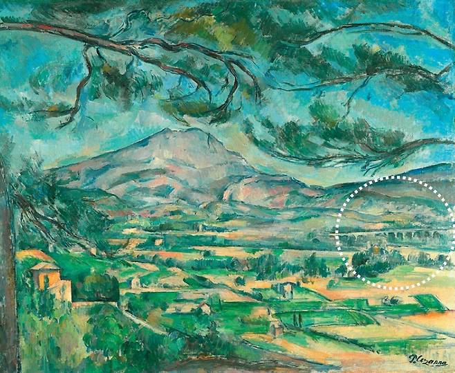 폴 세잔 ‘큰 소나무가 있는 생트빅투아르산’(1887년경). 전원 풍경 속 철도 교량 위로 기차가 지나가며 자연 속으로 스며든 산업혁명의 변화를 보여준다. 사진 출처 영국 코톨드 미술관