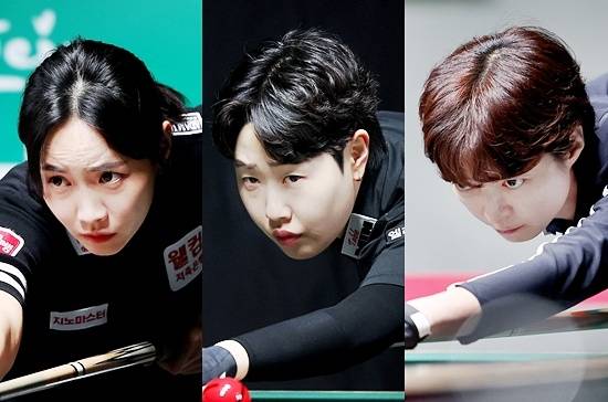 (왼쪽부터) 최혜미 김세연 임정숙이 LPBA월드챔피언십 2025 조별리그에서 2승으로 16강에 올랐다. (사진=PBA)