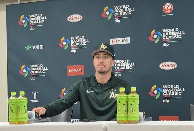 [도쿄=뉴시스] 문채현 기자 = 호주 야구 대표팀의 제리드 데일이 9일 일본 도쿄돔에서 열리는 2026 월드베이스볼클래식(WBC) 조별리그 C조 최종 4차전 한국과의 경기를 앞두고 기자회견을 갖고 있다. 2026.03.09. dal@newsis.com *재판매 및 DB 금지