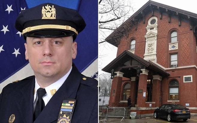 성폭행 시도 의혹으로 피소된 뉴욕경찰(NYPD) 브롱크스 46지구대 지휘관 제러미 슈블린 경감(왼쪽)과 해당 경찰서 건물 모습. 뉴스12 브롱크스 캡처