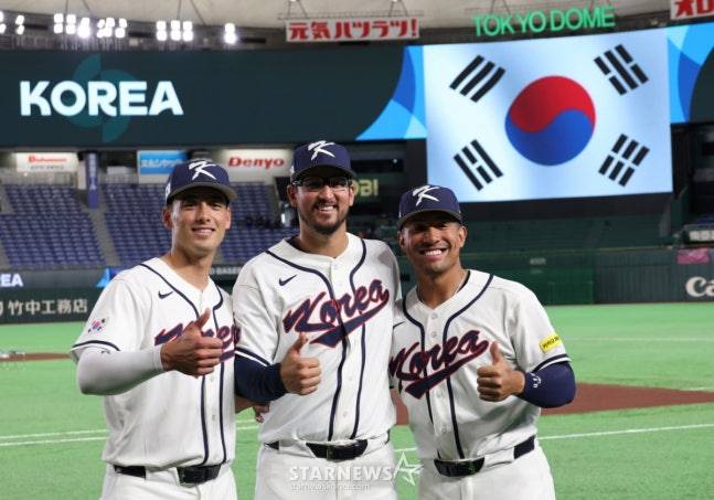 한국 WBC 대표팀의 셰이 위트컴(왼쪽부터)과 데인 더닝, 저마이 존스. /사진=강영조 선임기자