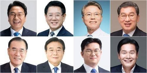 왼쪽 위쪽부터(가나다순) 강기정, 김영록, 민형배, 신정훈, 이개호, 이병훈, 정준호, 주철현 등 전남광주특별시장 민주당 후보군. 각 후보군 측 제공