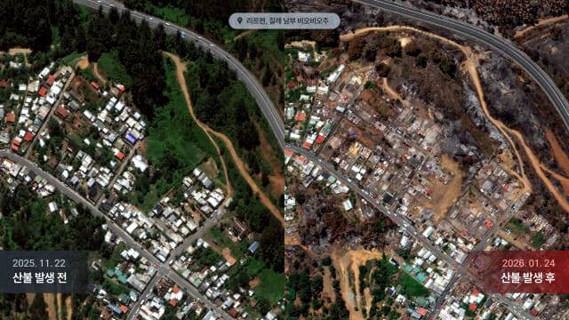 쎄트렉아이 스페이스아이-티로 촬영한 칠레 남부 비오비오주 리르켄 지역  비교 이미지. 산불 전과 후의 모습이 확연이 다르다.