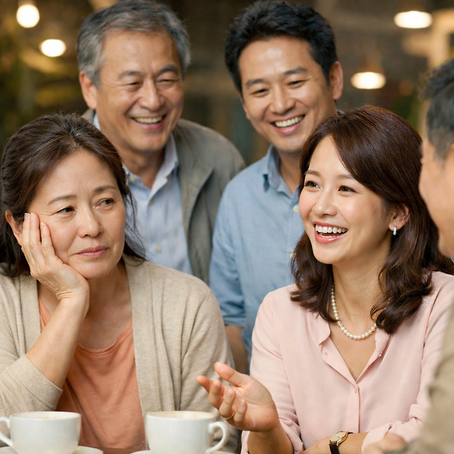 동창 모임에서 친구들과 대화를 나누는 중년 일행. 같은 나이여도 생활 습관에 따라 피부 노화 정도가 달라질 수 있다. 챗GPT 생성 이미지