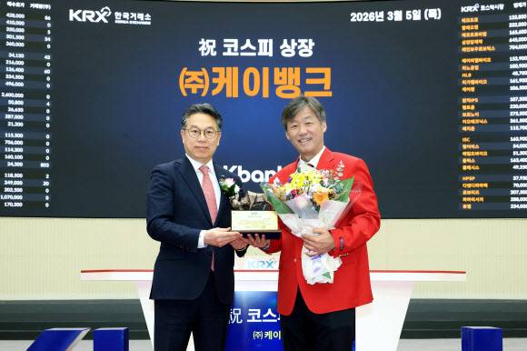 지난 5일 열린 케이뱅크 유가증권시장 상장기념식. 왼쪽부터 정규일 한국거래소 유가증권시장본부장, 최우형 케이뱅크 대표이사. 연합뉴스