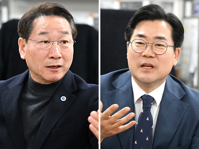 유정복 국민의힘 인천시장 공천 후보(왼쪽)와 박찬대 더불어민주당 인천시장 공천 후보. 정선식기자