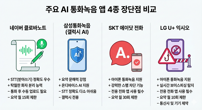 ▲주요 AI 통화녹음 앱 4종 장단점 비교. AI생성 이미지