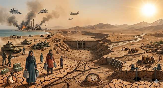 ▲기후변화로 인한 가뭄과 폭염, 물 관리 정책의 실패, 전쟁으로 인한 물 부족 상황을 나타낸 AI 생성 이미지