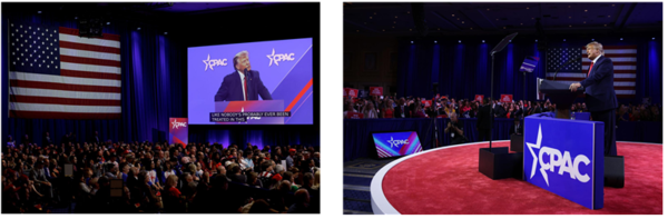 CPAC(미국 보수정치행동회의) 행사 장면.&nbsp;CPAC(Conservative Political Action Conference)는 미국 보수 진영 최대의 정치 행사로, 전 세계 극우 정치 네트워크가 모이는 상징적 플랫폼이다. 한국 극우 인사들이 이 행사에 참여해 '부정선거' 주장을 제기하면서 한미 극우 네트워크 연결 논란이 제기되었다.