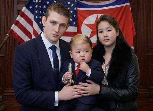 도널드 트럼프 미국 대통령의 아들 배런 트럼프와 김정은 북한 국무위원장의 딸 김주애가 결혼해 아들을 낳았다는 설정의 AI 이미지. X(구 트위터) 캡처