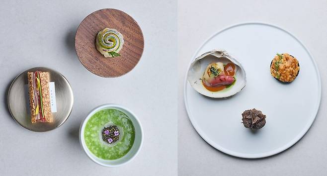 세 명의 셰프가 준비한 한 입 거리는 이질감 없이 조화로웠다. 사진 왼쪽은 냉이죽, 줄전갱이회, 약밥부각, 오른쪽은 증편, 성게비빔밥, 웅피조개구이. 사진 가온소사이어티