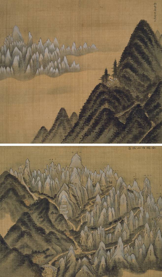 국가지정문화유산 보물인 정선의 <신묘년풍악도첩> 중‘단발령망금강산’(1711·위 사진)과 ‘금강내산총도’(1711). 국립중앙박물관 제공