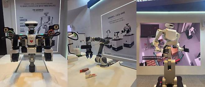 (왼쪽부터)티로보틱스 부스에 전시된 THK의 로봇, 레인보우로보틱스의 로봇, 자체개발 휴머노이드 TR-WORKS/사진제공=티로보틱스