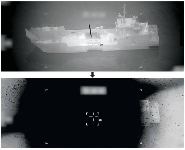 미군 미사일 맞고 폭파되는 이란 군함  : 10일 호르무즈 해협 인근에서 이란의 기뢰부설 함정 16척을 파괴했다고 밝힌 미군 중부사령부가 이날 공개한 영상에 포착된 이란 군함이 미군 미사일에 피격되기 직전의 모습. 아래쪽 사진은 해당 군함이 미사일에 피격된 직후 화염과 연기에 뒤덮인 모습. 미 중부사령부 제공 AFP연합뉴스