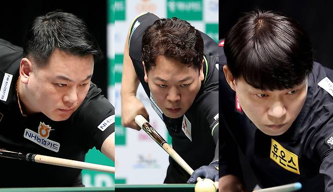 ‘우울한 국내 3강.’ 조재호 강동궁 최성원(이상 왼쪽부터)이 PBA 시즌 왕중왕전인 월드챔피언십 조별리그에서 탈락했다.