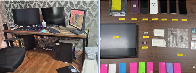 미얀마에서 귀국 후 공범 C, D씨가 국내 자금세탁 조직에 가담한 내용. 아파트 거실을 자금세탁 사무실로 개조한 모습(왼쪽)과 자금세탁에 동원된 대포계좌, 대포폰. [서울동부지검 제공]