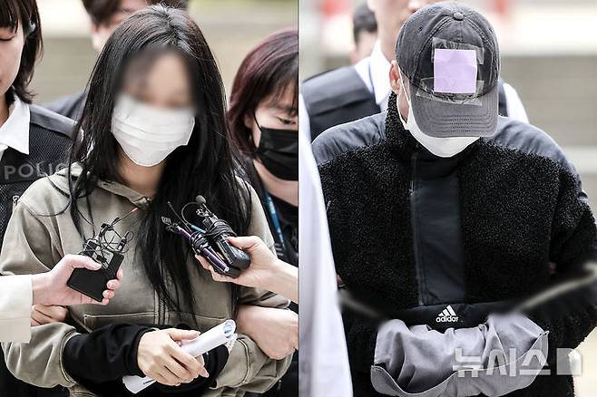 [서울=뉴시스] 정병혁 기자 = 잉글랜드 프로축구 프리미어리그 토트넘 홋스퍼 주장 손흥민을 상대로 허위 임신을 주장하며 금품을 요구한 혐의를 받는 20대 여성 양 모 씨와 40대 남성 용 모 씨가 17일 서울 서초구 서울중앙지방법원에서 열린 영장실질심사에 출석하고 있다. 2025.05.17. jhope@newsis.com