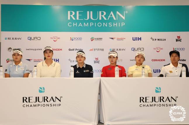 미디어데이에 나선 리슈잉(왼쪽부터), 에리카 스미스 윤, 노승희, 박현경, 조혜림, 나따끄리따 웡타위랍. /사진=KLPGA 투어 제공