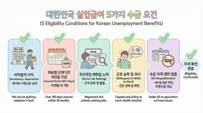 실업급여 수급 조건 5가지를 정리한 인포그래픽