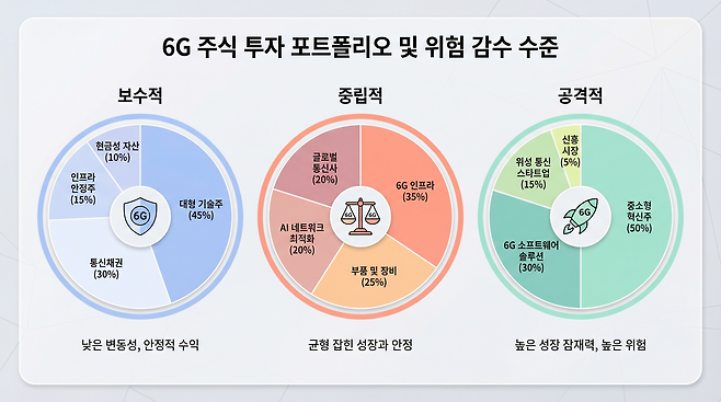 투자 성향별 6G 관련주 포트폴리오 구성 예시를 보여주는 파이 차트