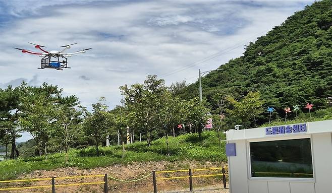 ▲ 상주시가 국토교통부 공모사업인 '드론실증도시 구축사업'에 2년 연속 선정돼 국비 1억 원을 확보했다. 사진은 지난해 경천섬 일대 드론 배송 서비스 고도화와 상용화 구현 모습. 상주시 제공
