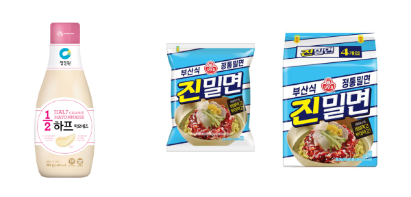 대상 청정원 ‘하프 칼로리 마요네즈’(왼쪽)와 오뚜기 ‘진밀면’(오른쪽)./사진=각 사 제공
