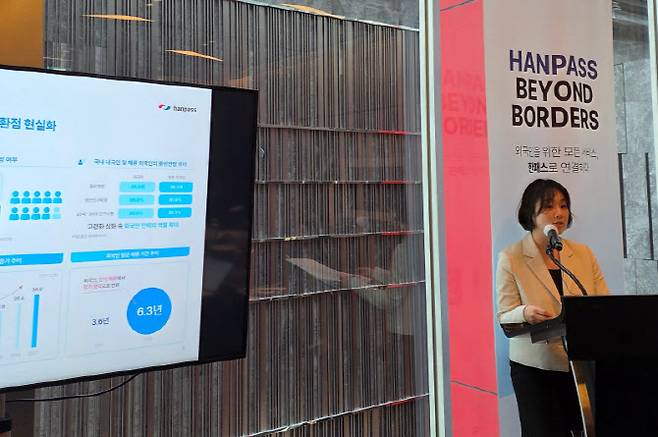 신지현 한패스 최고사업책임자(CBO)가 12일 서울 여의도에서 열린 기업공개(IPO) 간담회에서 기업을 소개하고 있다.