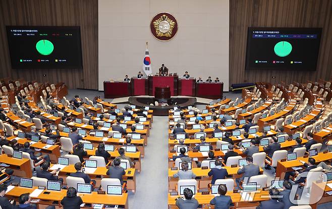 1일 서울 여의도 국회에서 열린 제432회 국회(임시회) 제8차 본회의에서 아동수당법 일부개정법률안(대안)이 가결되고 있다. 2026.3.1 ⓒ 뉴스1 신웅수 기자
