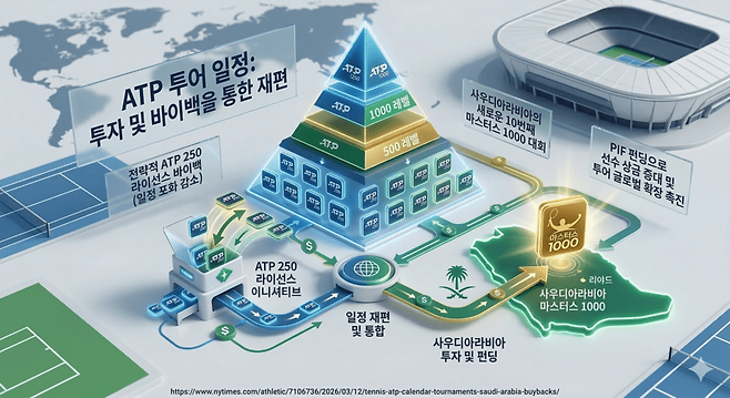 사우디아라비아에 ATP 1000대회가 신설되고 ATP가 250대회를 바이백하여 투어 구조를 재편한다는 내용을 이미지화 하였다. 제미나이AI
