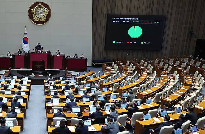 지난 달 26일 ‘법왜곡죄’를 포함한 형법 일부개정법률안(대안)이 국회 본회의를 통과했다. 임현동 기자.