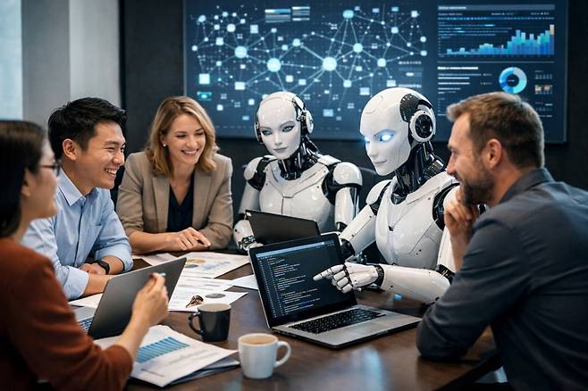 인간과 AI 에이전트가 협업해 업무를 수행하는 모습을 형상화했다. AI 생성 이미지