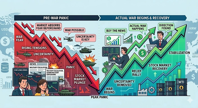 전쟁에 따른 주가 반응을 나타낸 일러스트. <제미나이>