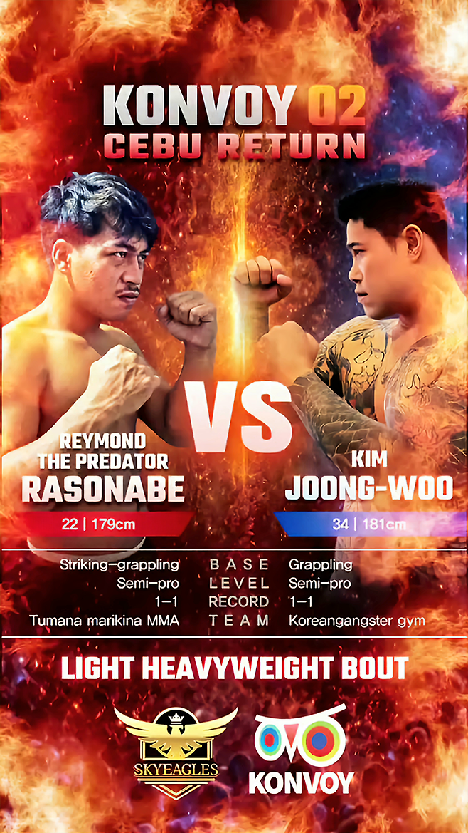 김중우가 3월14일 필리핀 워터프론트 세부 시티 호텔 Konvoy 02 라이트헤비급 4분×3라운드 코-메인이벤트에 출전한다. ‘콘보이’는 서두원이 현역 시절 동료 김지훈과 함께 만들어 개최하는 종합격투기 단체다. 사진@konvoyfront