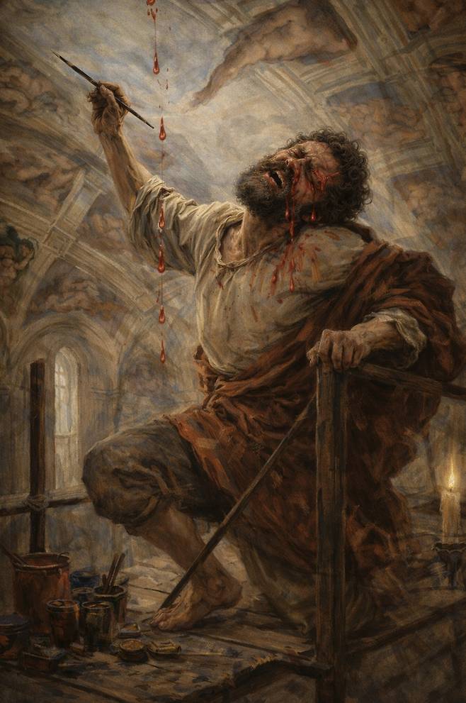 미켈란젤로가 천지창조를 그리는 가상의 연출 장면(AI 이미지).[KAIST 제공]