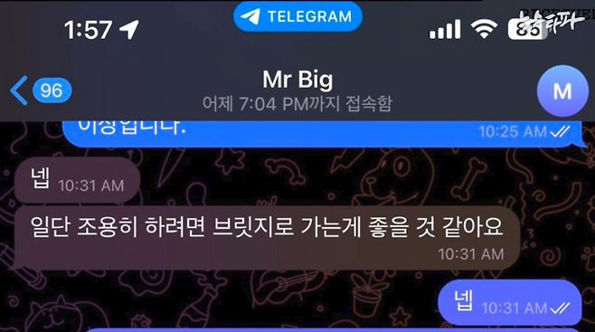 지난 2019년 3월 19일 하이그라운드 대표 우 모 씨와 Mr.Big이 나눈 텔레그램 대화 일부.