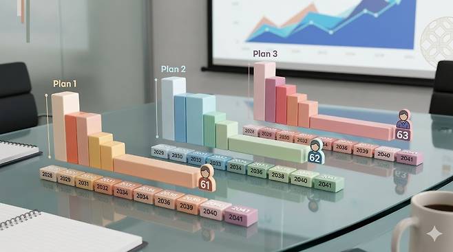 민주당 정년연장 1안 2안 3안 비교표와 연도별 정년 변화 그래프