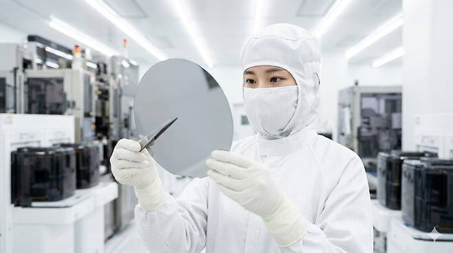 SK하이닉스 반도체 공장 클린룸에서 엔지니어가 웨이퍼를 검사하는 모습