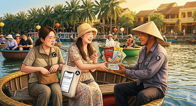 '구디백' 팁 논란, 호구 된 한국인, 호구 자처한 베트남 한국 관광객(출처=제미나이 나노바나나 AI 기반 편집 이미지)