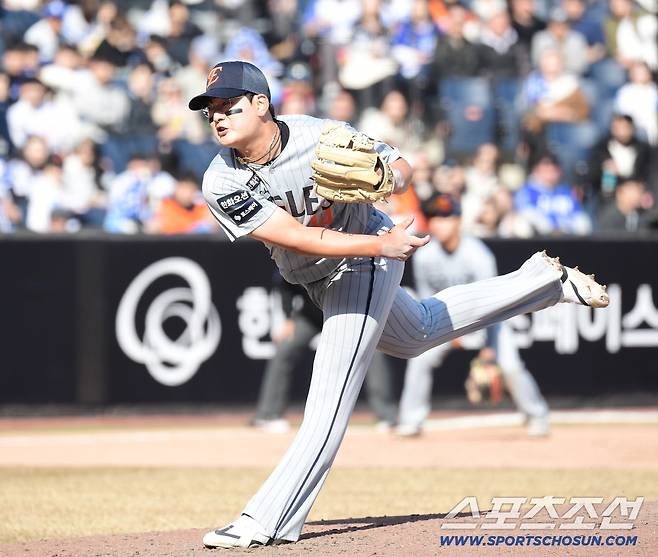 13일 대전 한화생명볼파크에서 열린 KBO리그 시범경기 한화와 삼성의 경기. 9회 마운드 올라 투구하는 한화 김서현. 대전=송정헌 기자songs@sportschosun.com/2026.03.13/